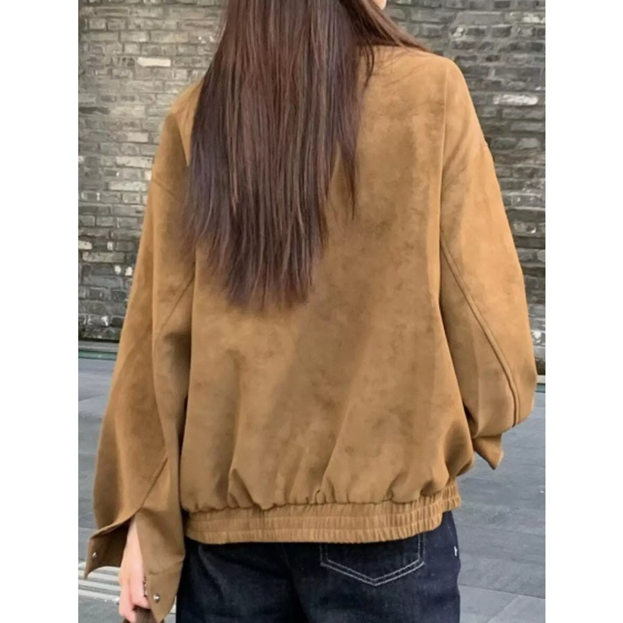 Zip Up Elastic Hem Jacket Brown-Suede / S Apparel and Accessories