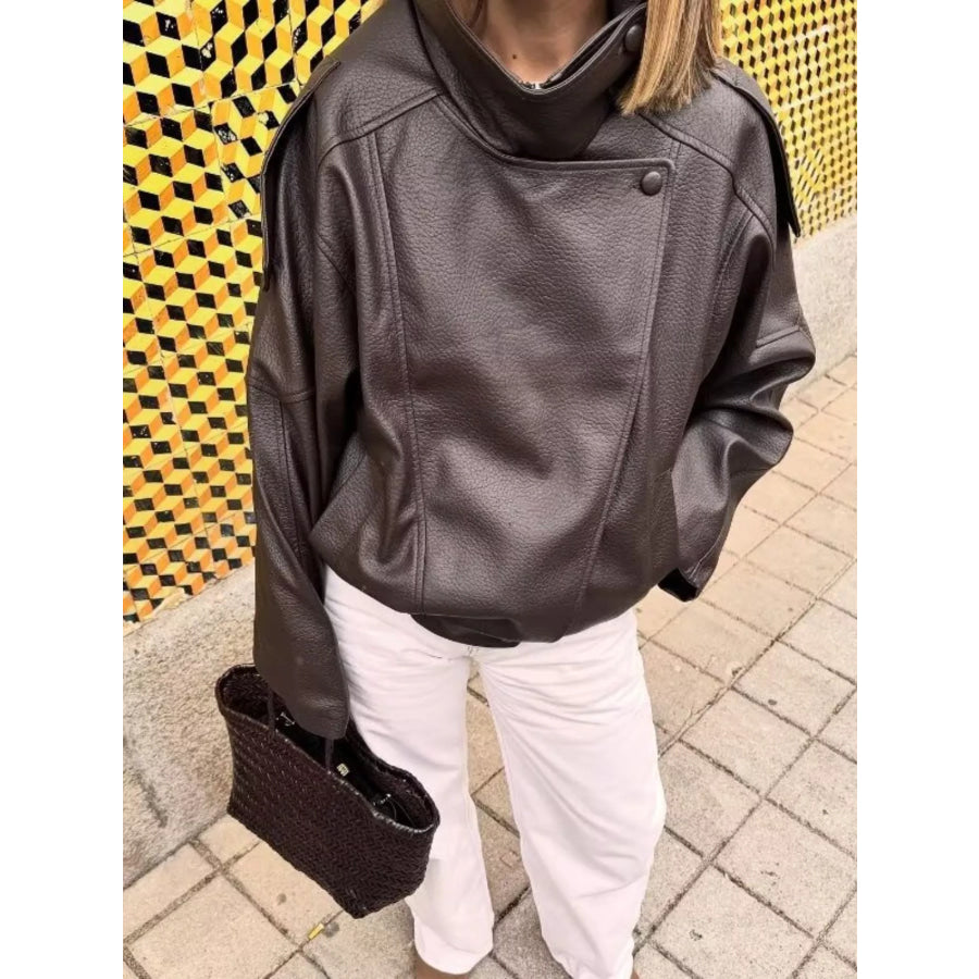 Zip-Up Faux Leather Moto Jacket Brown / XS Apparel and Accessories