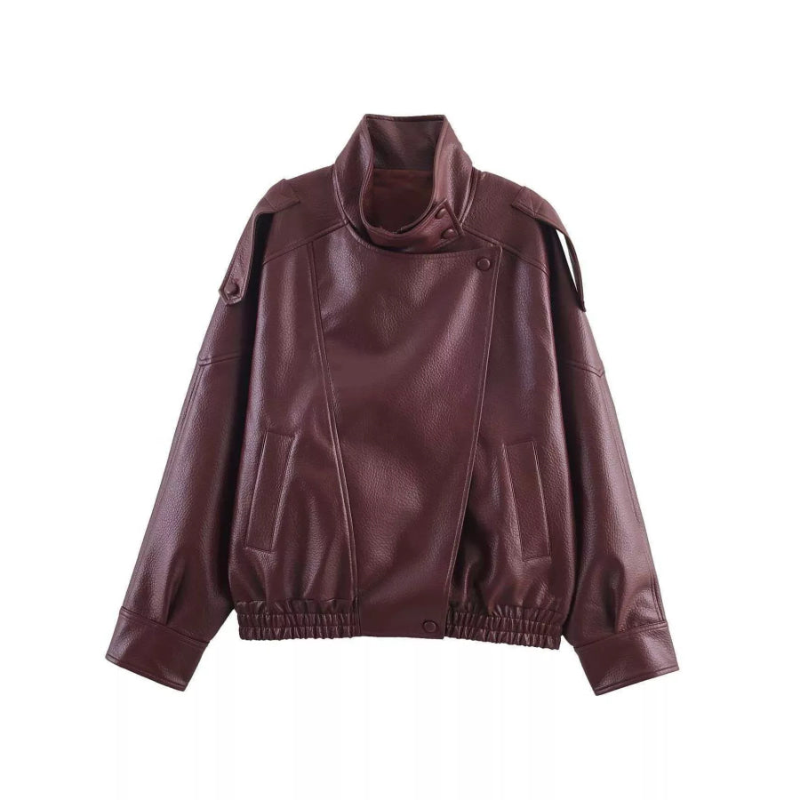 Zip-Up Faux Leather Moto Jacket Burgundy / XS Apparel and Accessories