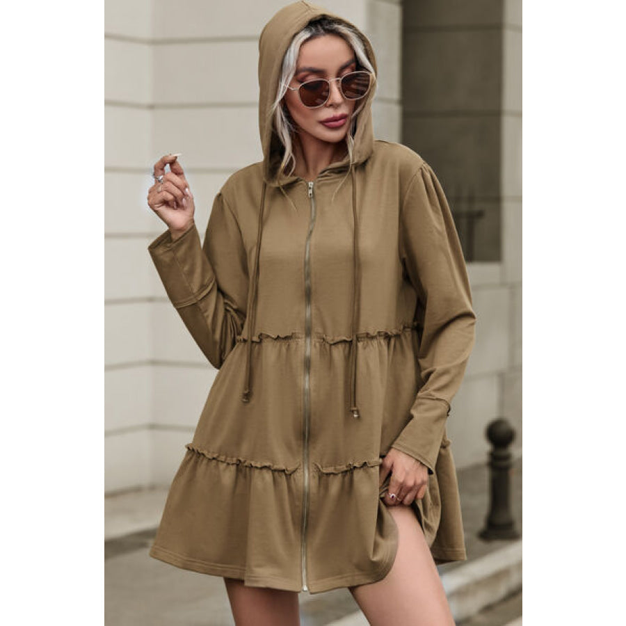 Zip Up Frill Drawstring Hooded Jacket Camel / S Clothing