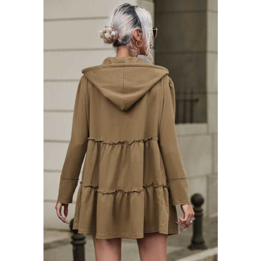 Zip Up Frill Drawstring Hooded Jacket Camel / S Clothing