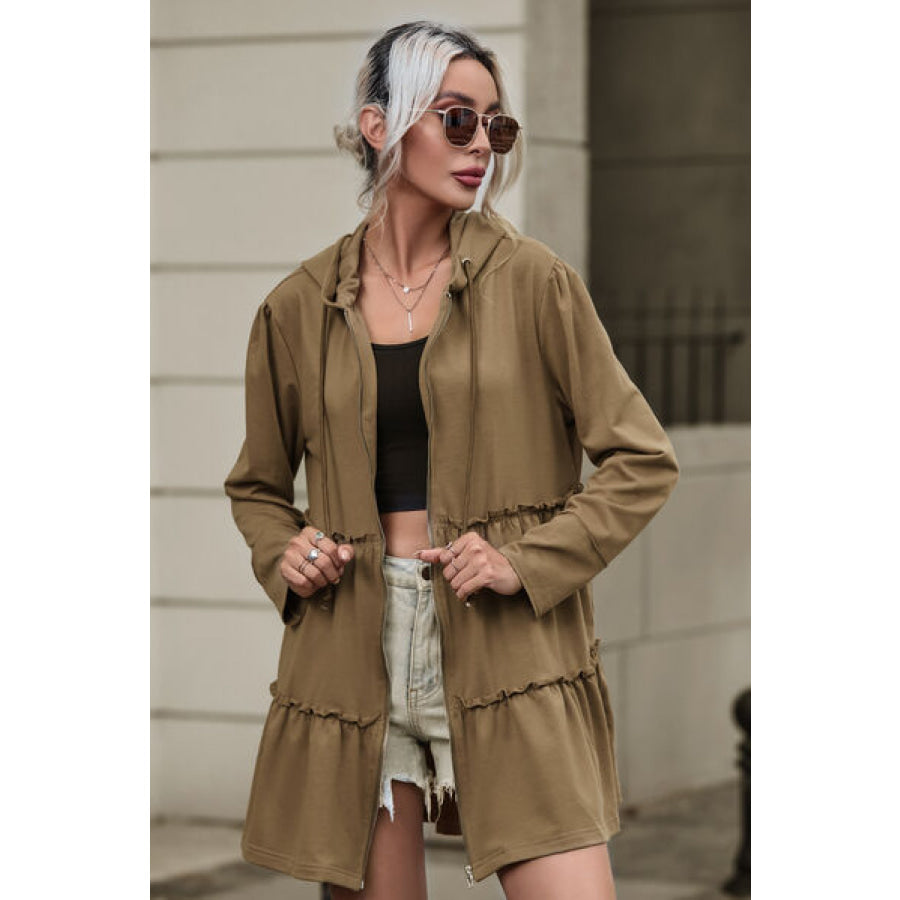 Zip Up Frill Drawstring Hooded Jacket Clothing