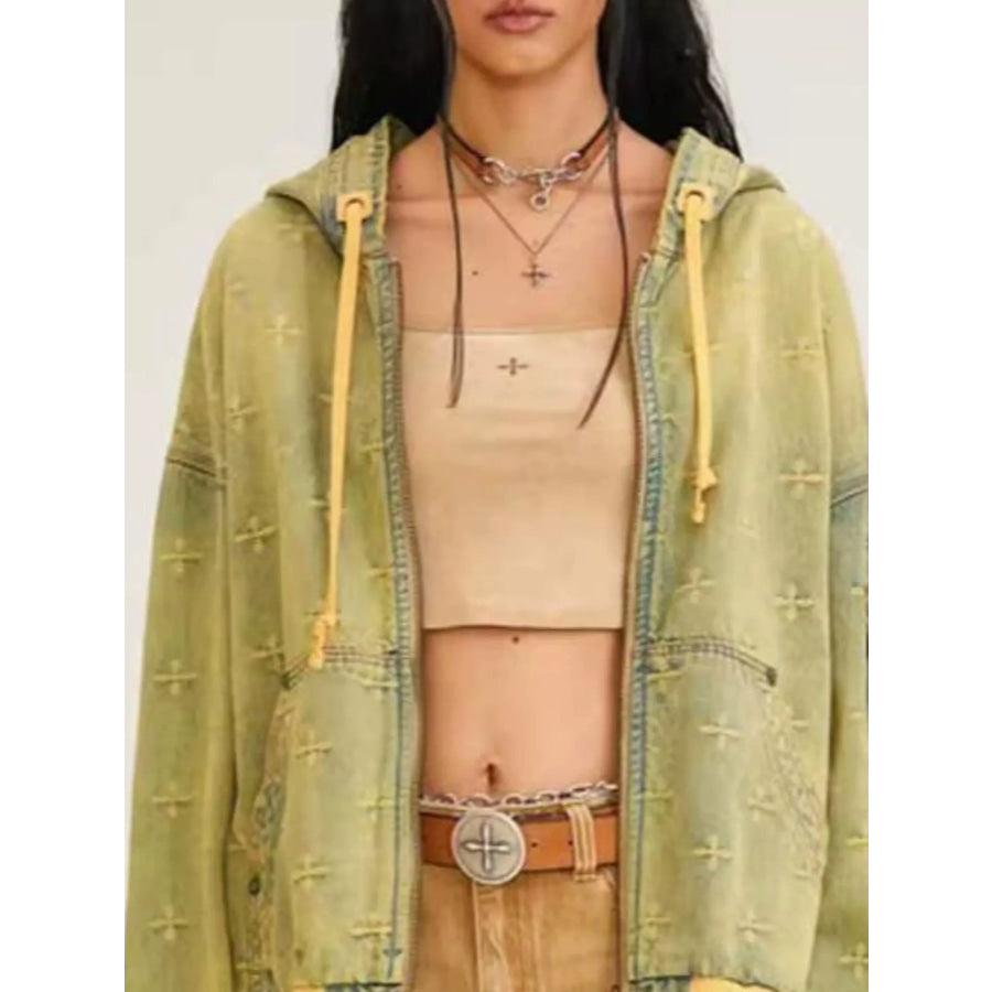 Zip Up Hooded Denim Jacket Apparel and Accessories