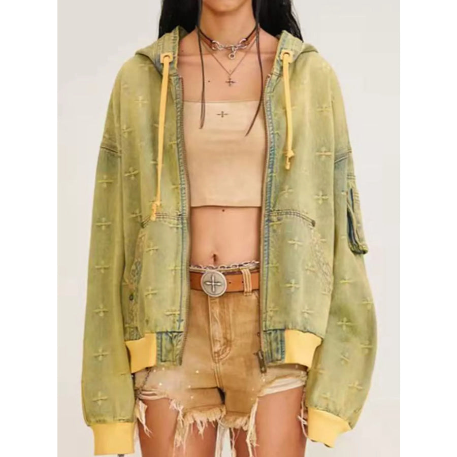 Zip Up Hooded Denim Jacket Yellow-Temple Garden / S Apparel and Accessories