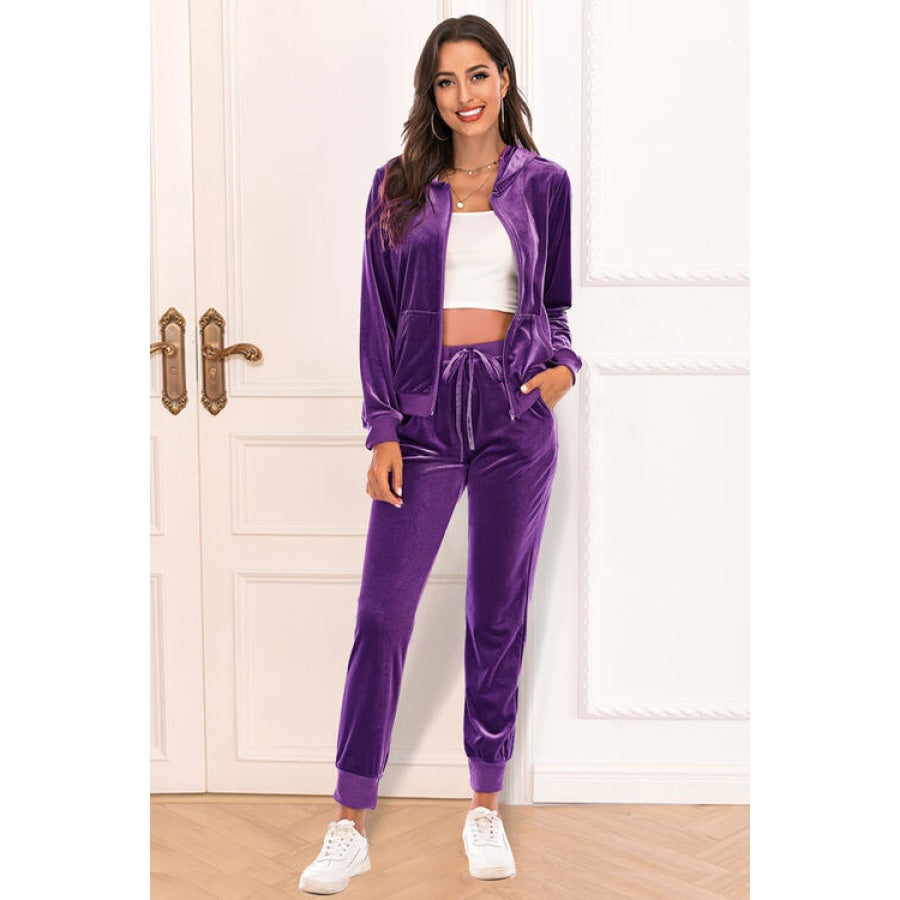 Zip-Up Hooded Jacket and Pants Set Purple / S