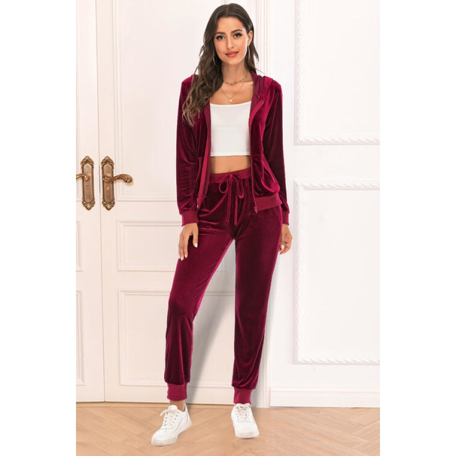 Zip-Up Hooded Jacket and Pants Set Wine / S