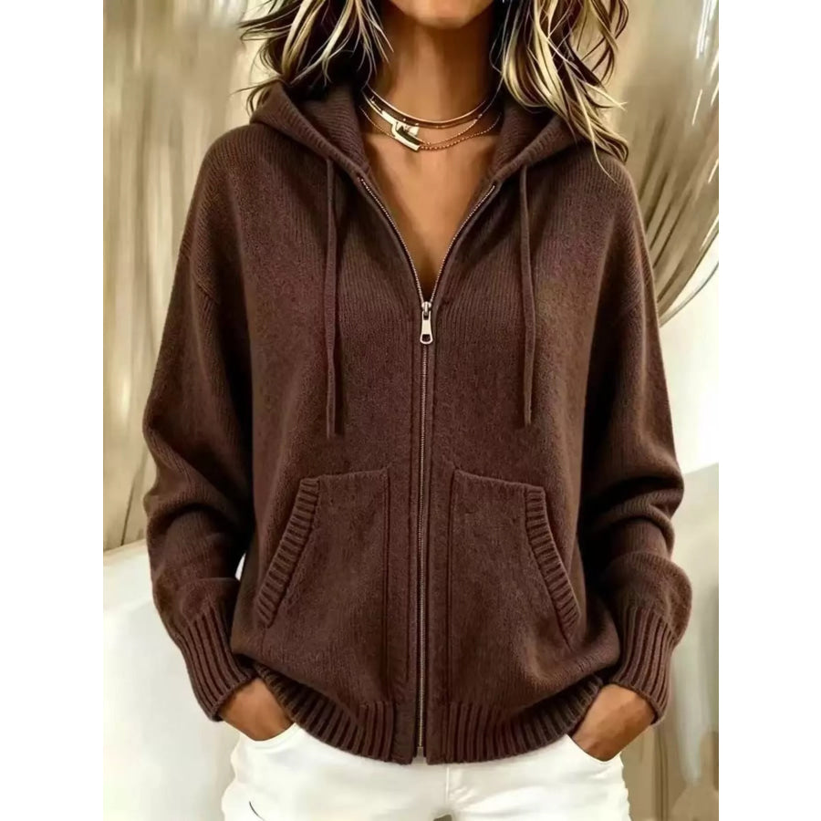 Zip-Up Hooded Knit Cardigan Dark Brown / S Apparel and Accessories