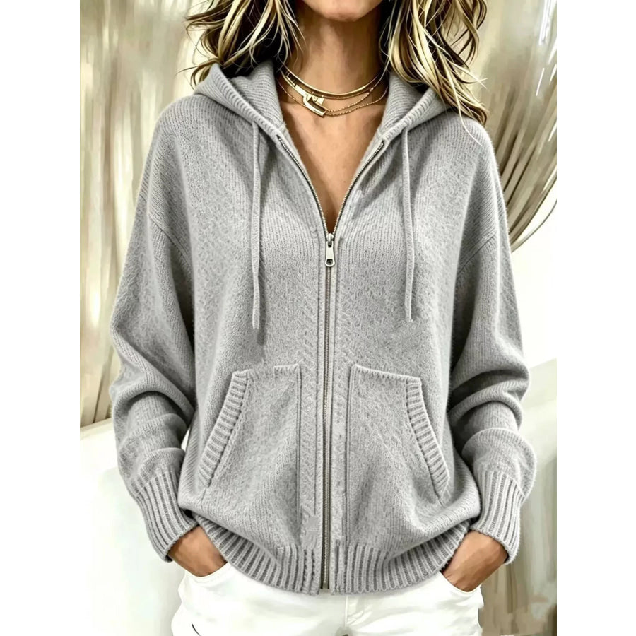 Zip-Up Hooded Knit Cardigan Gray / S Apparel and Accessories