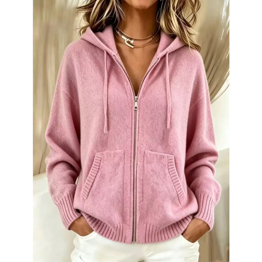 Zip-Up Hooded Knit Cardigan Pink / S Apparel and Accessories
