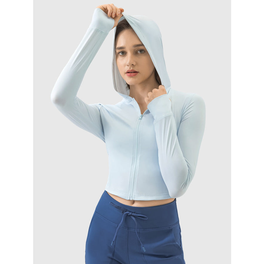 Zip Up Hooded Long Sleeve Active Outerwear Misty Blue / S Apparel and Accessories