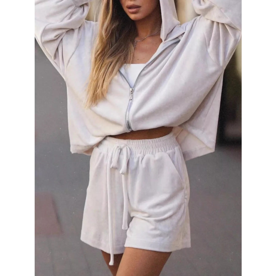 Zip Up Hooded Outerwear and Shorts Set Apricot / S Apparel and Accessories