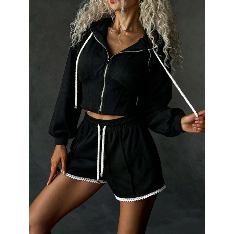 Zip Up Hooded Outerwear and Shorts Set Black / S Apparel and Accessories