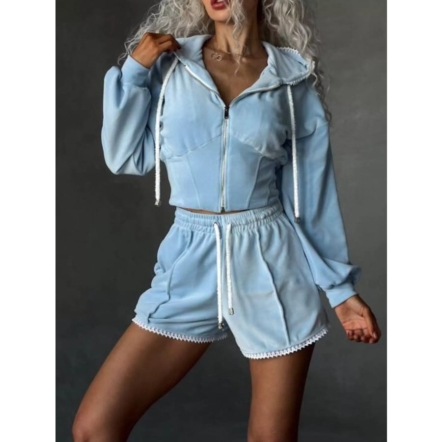 Zip Up Hooded Outerwear and Shorts Set Blue / S Apparel and Accessories