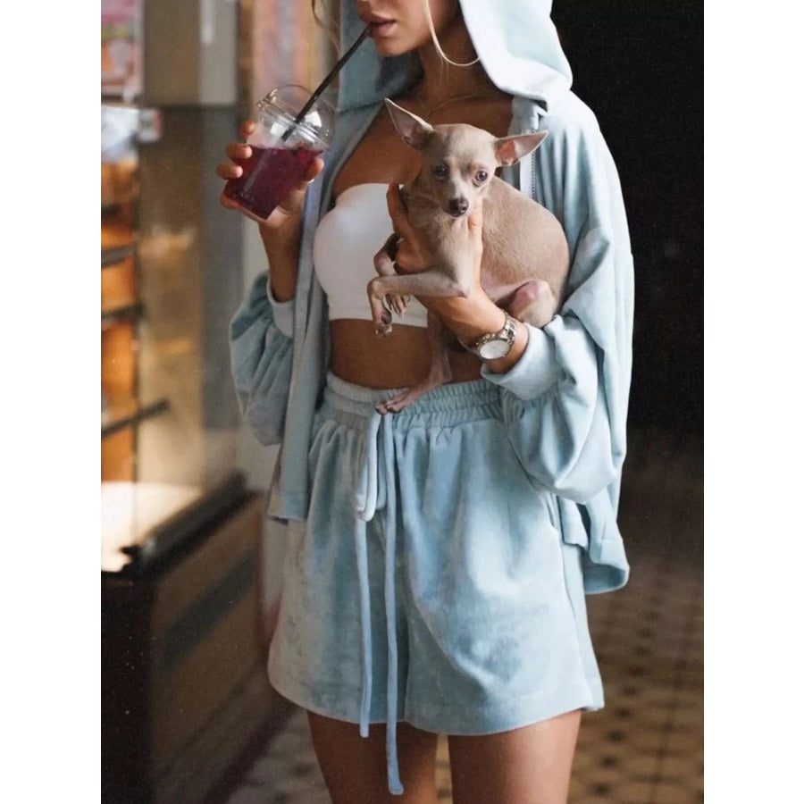 Zip Up Hooded Outerwear and Shorts Set Blue / S Apparel and Accessories