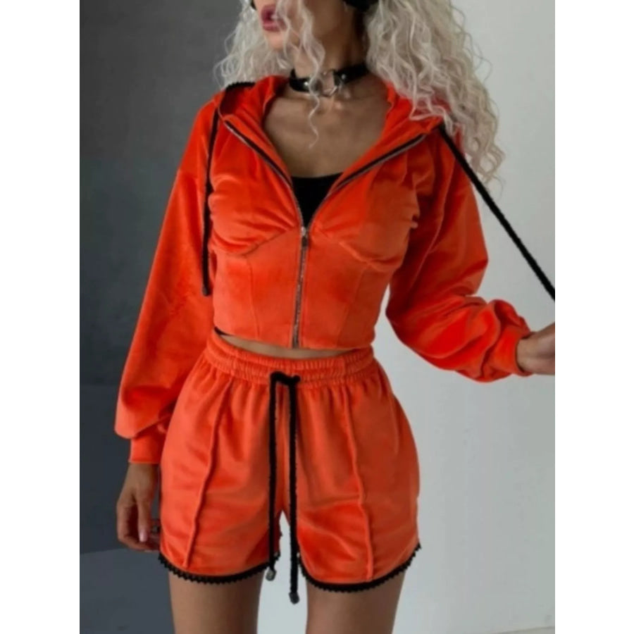 Zip Up Hooded Outerwear and Shorts Set Orange Red / S Apparel and Accessories