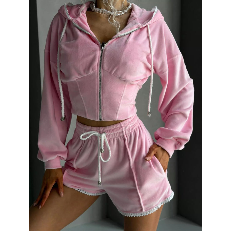 Zip Up Hooded Outerwear and Shorts Set Pink / S Apparel and Accessories