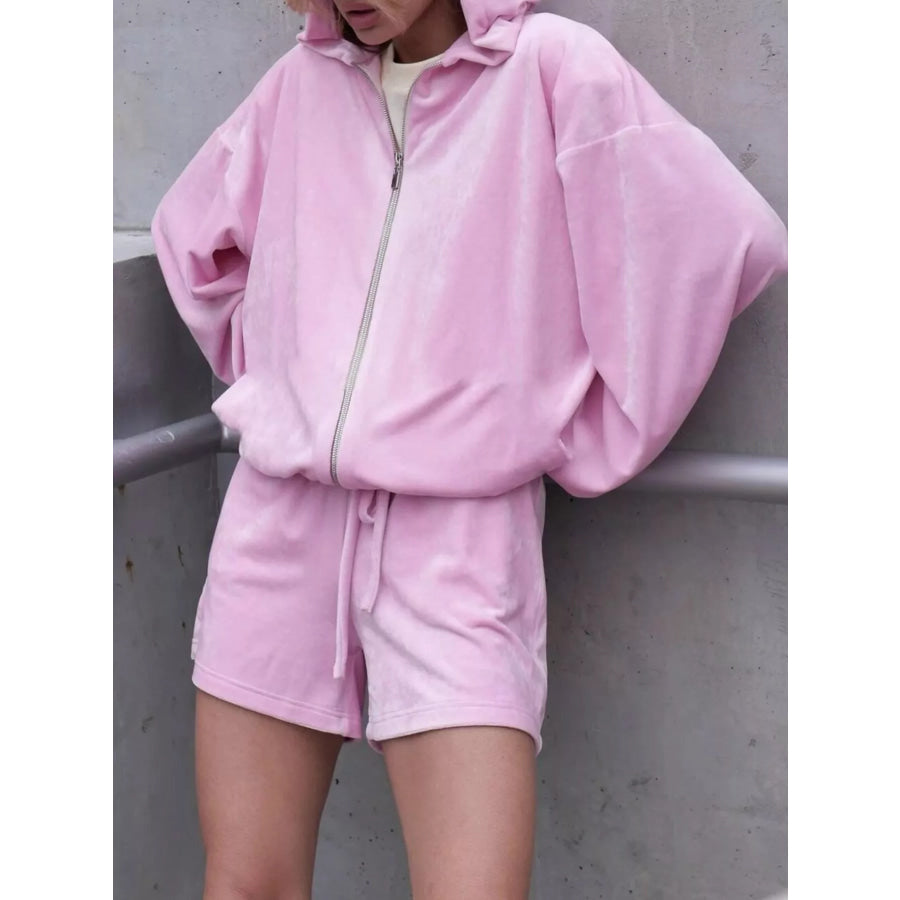 Zip Up Hooded Outerwear and Shorts Set Pink / S Apparel and Accessories