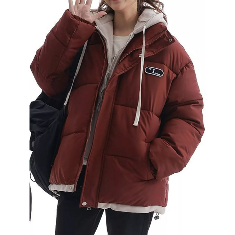 Zip Up Hooded Puffer Outerwear Burgundy / S Apparel and Accessories