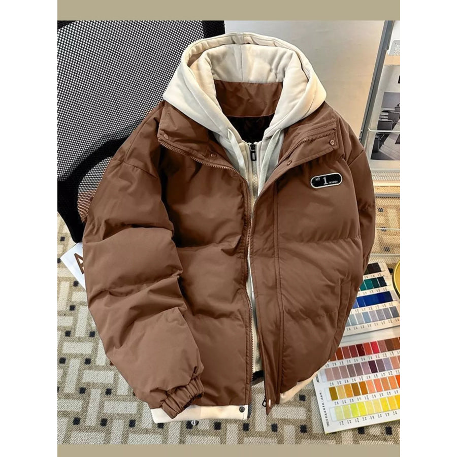 Zip Up Hooded Puffer Outerwear Coffee / S Apparel and Accessories