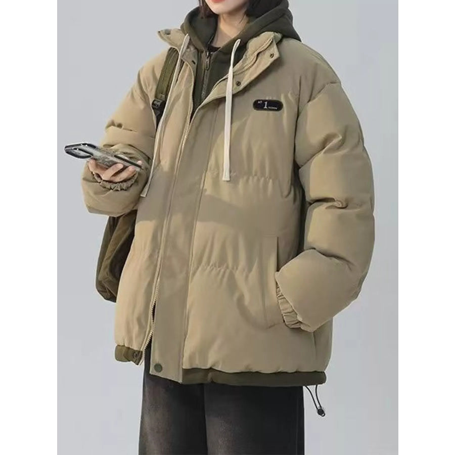 Zip Up Hooded Puffer Outerwear Khaki / S Apparel and Accessories