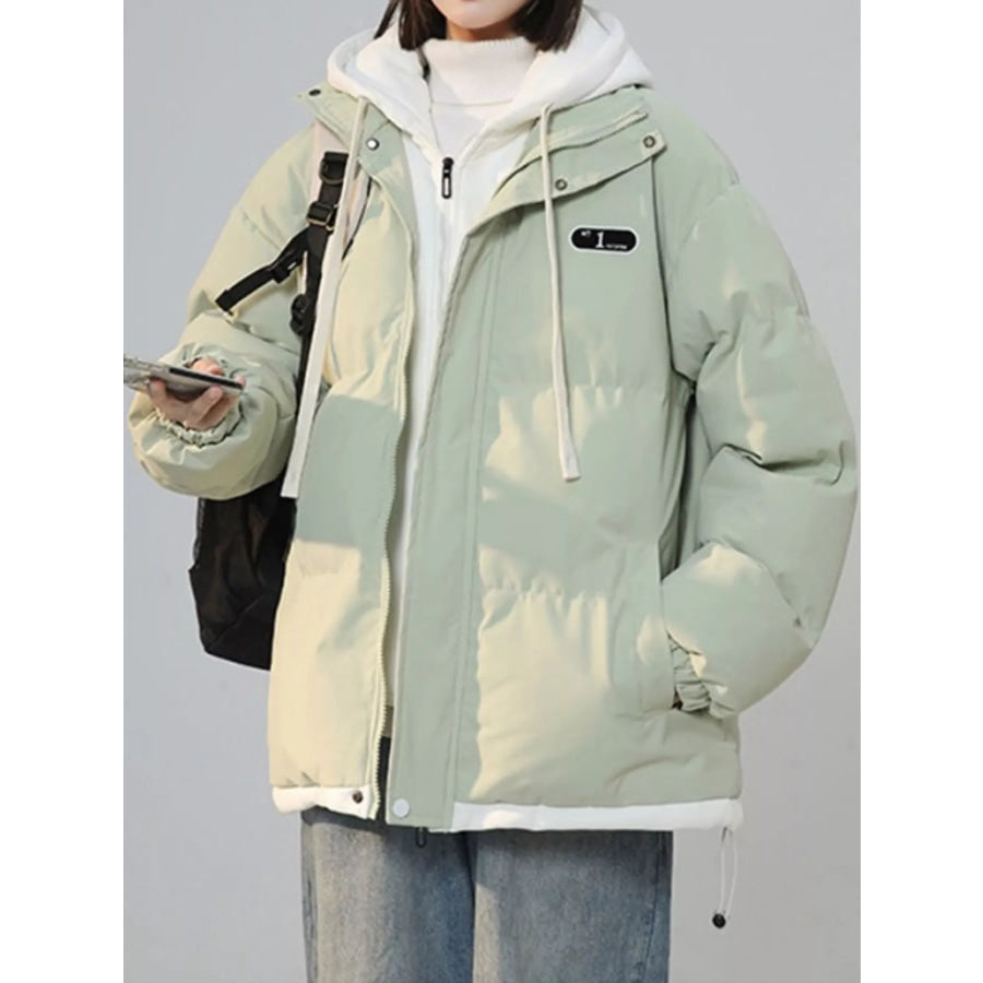Zip Up Hooded Puffer Outerwear Light Green / S Apparel and Accessories