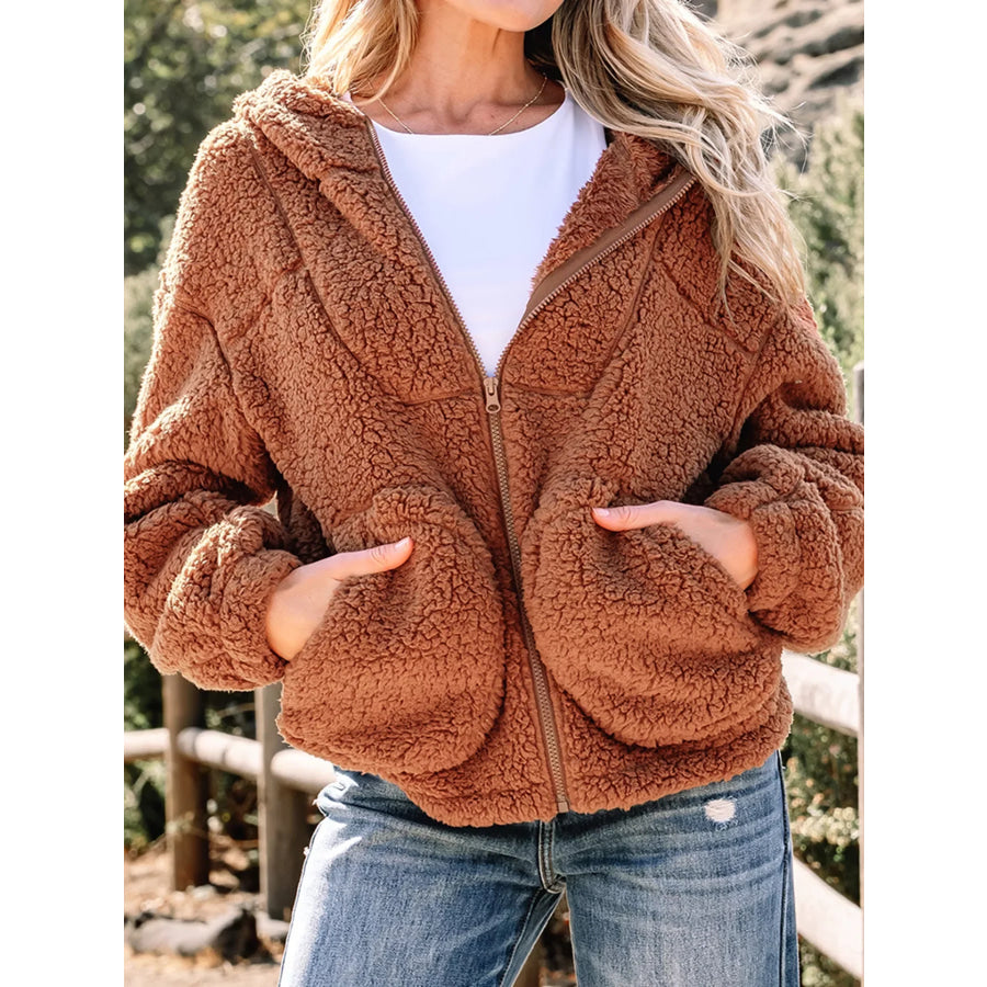 Zip Up Hooded Sherpa Jacket Caramel / S Apparel and Accessories