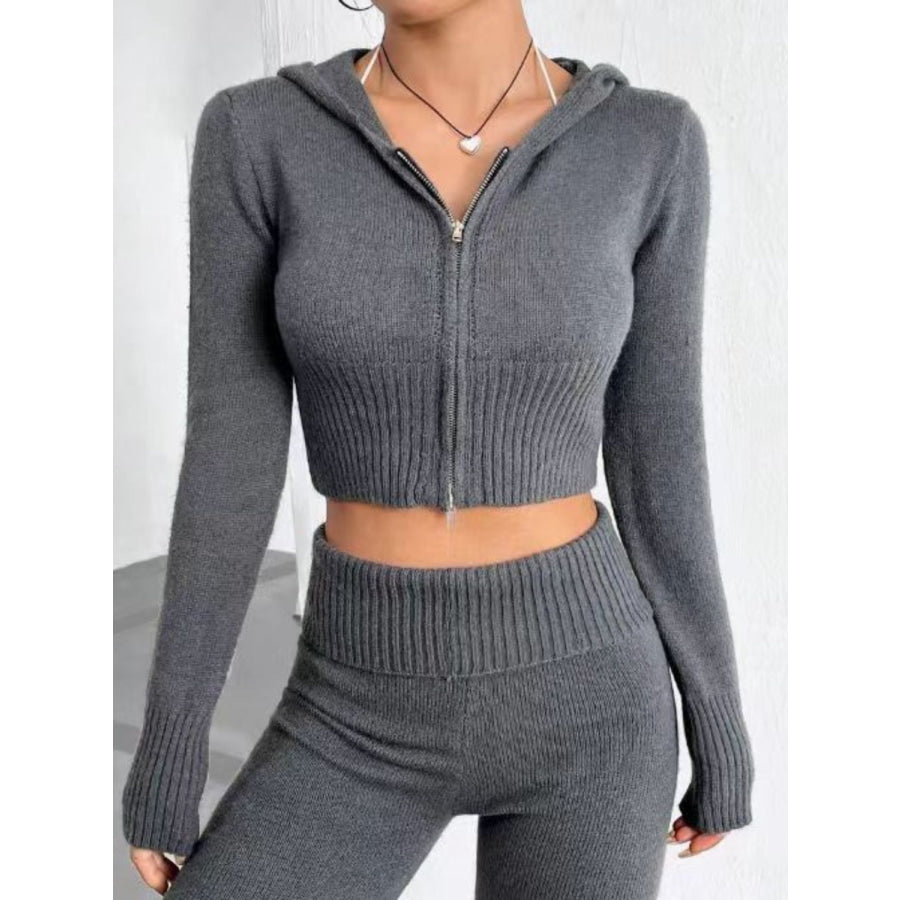 Zip Up Hooded Top and Flare Pants Sweater Set Dark Gray / One Size Apparel and Accessories