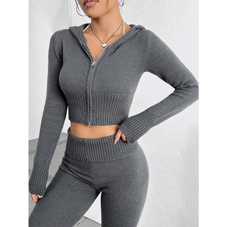 Zip Up Hooded Top and Flare Pants Sweater Set Dark Gray / One Size Apparel and Accessories