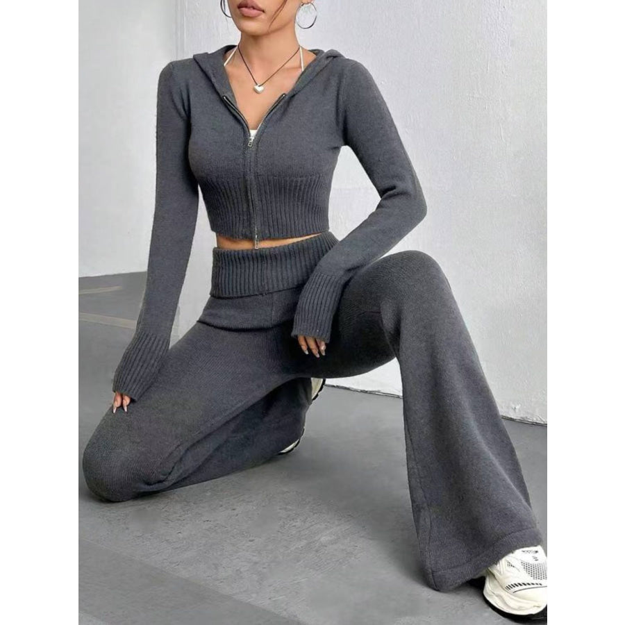 Zip Up Hooded Top and Flare Pants Sweater Set Dark Gray / One Size Apparel and Accessories