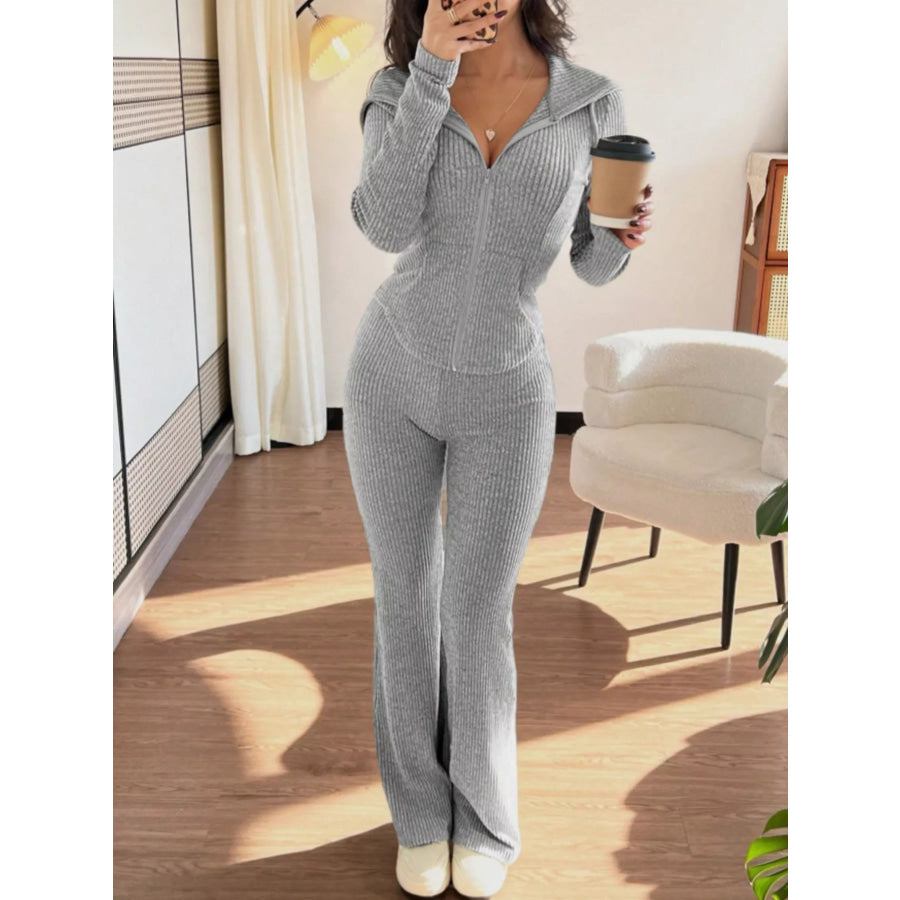 Zip Up Hooded Top and Pants Set Light Gray / S Apparel and Accessories
