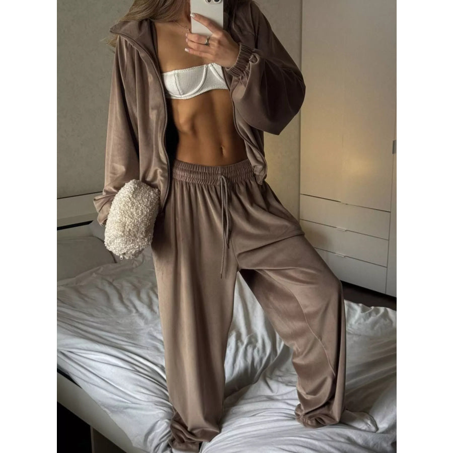 Zip-Up Hoodie and Joggers Set Khaki Color / S Apparel and Accessories