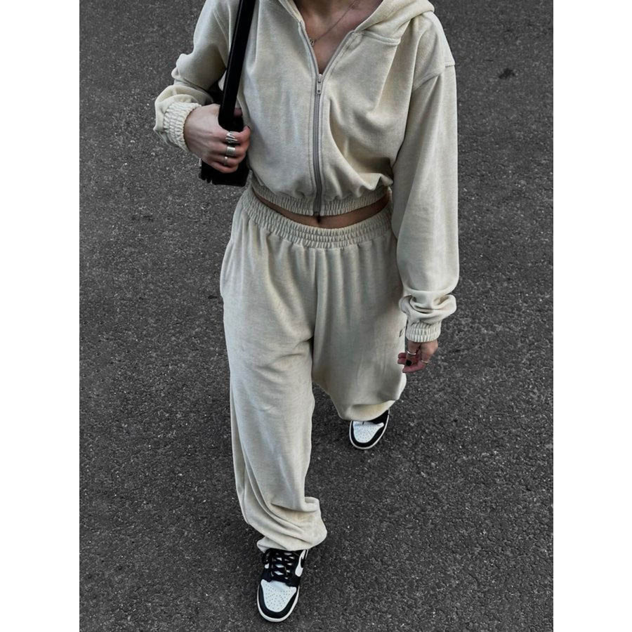 Zip Up Hoodie and Pocketed Pants Set Apricot / S Apparel and Accessories