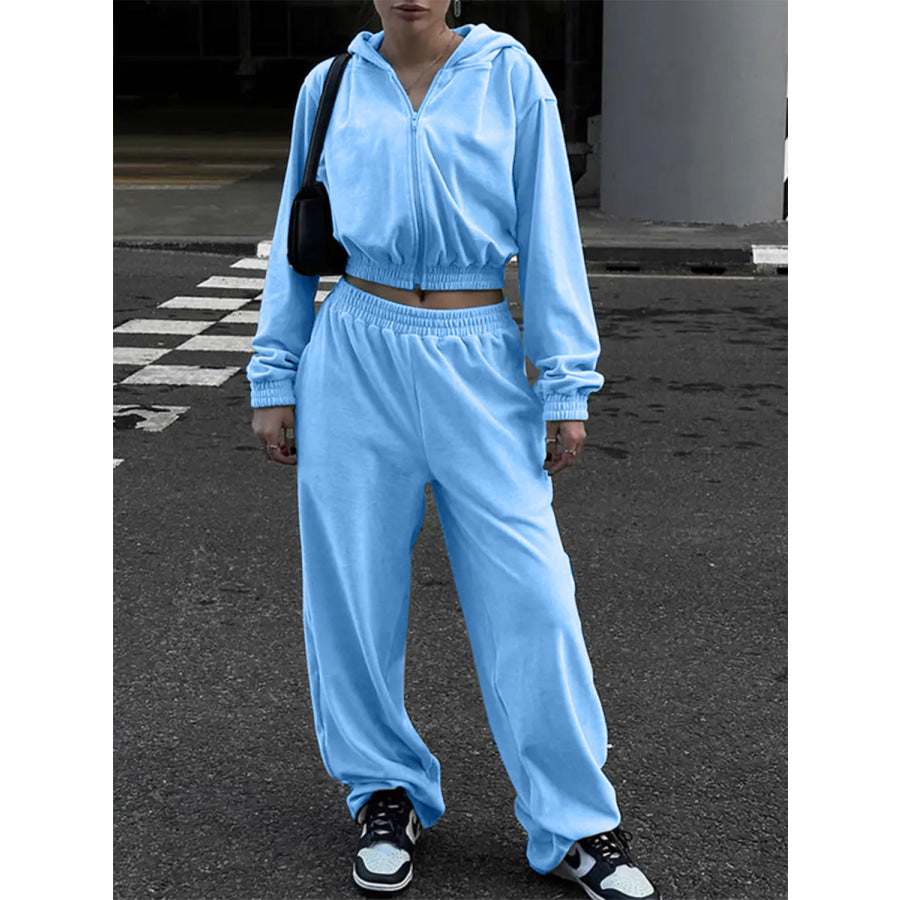 Zip Up Hoodie and Pocketed Pants Set Pastel Blue / S Apparel and Accessories