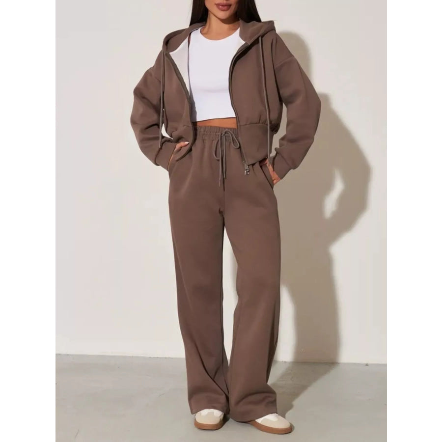 Zip-Up Hoodie and Wide-Leg Pants Set Apparel and Accessories
