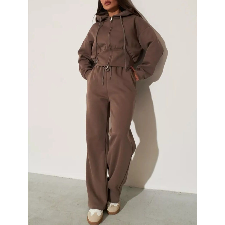 Zip-Up Hoodie and Wide-Leg Pants Set Apparel and Accessories