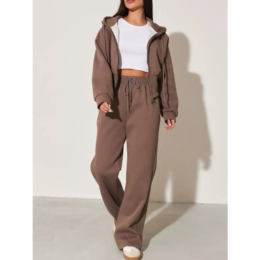 Zip-Up Hoodie and Wide-Leg Pants Set Apparel and Accessories