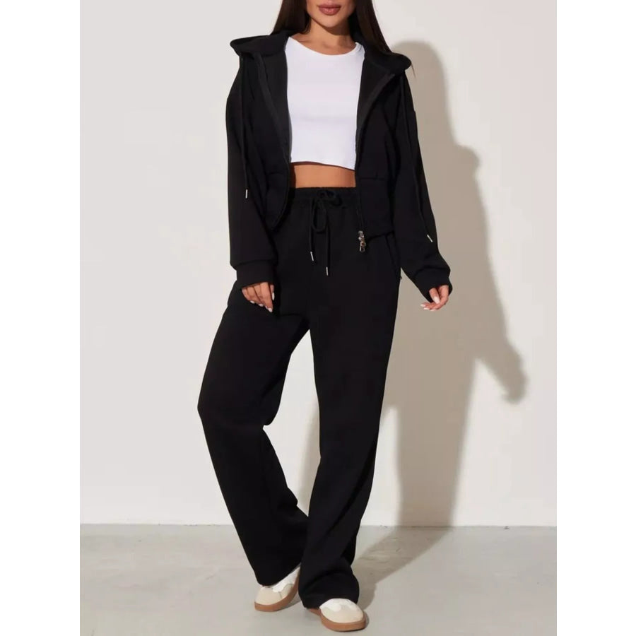 Zip-Up Hoodie and Wide-Leg Pants Set Apparel and Accessories