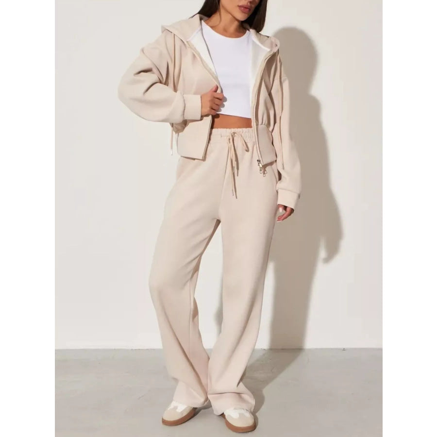 Zip-Up Hoodie and Wide-Leg Pants Set Apricot / S Apparel and Accessories