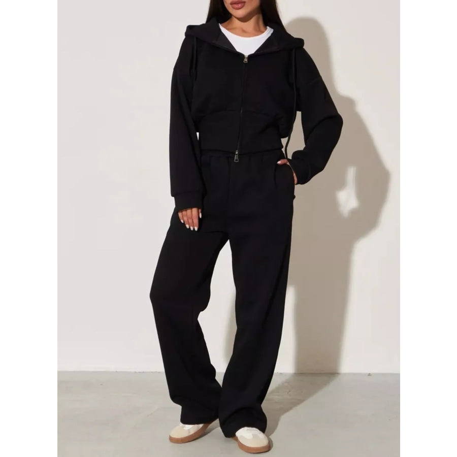 Zip-Up Hoodie and Wide-Leg Pants Set Black / S Apparel and Accessories