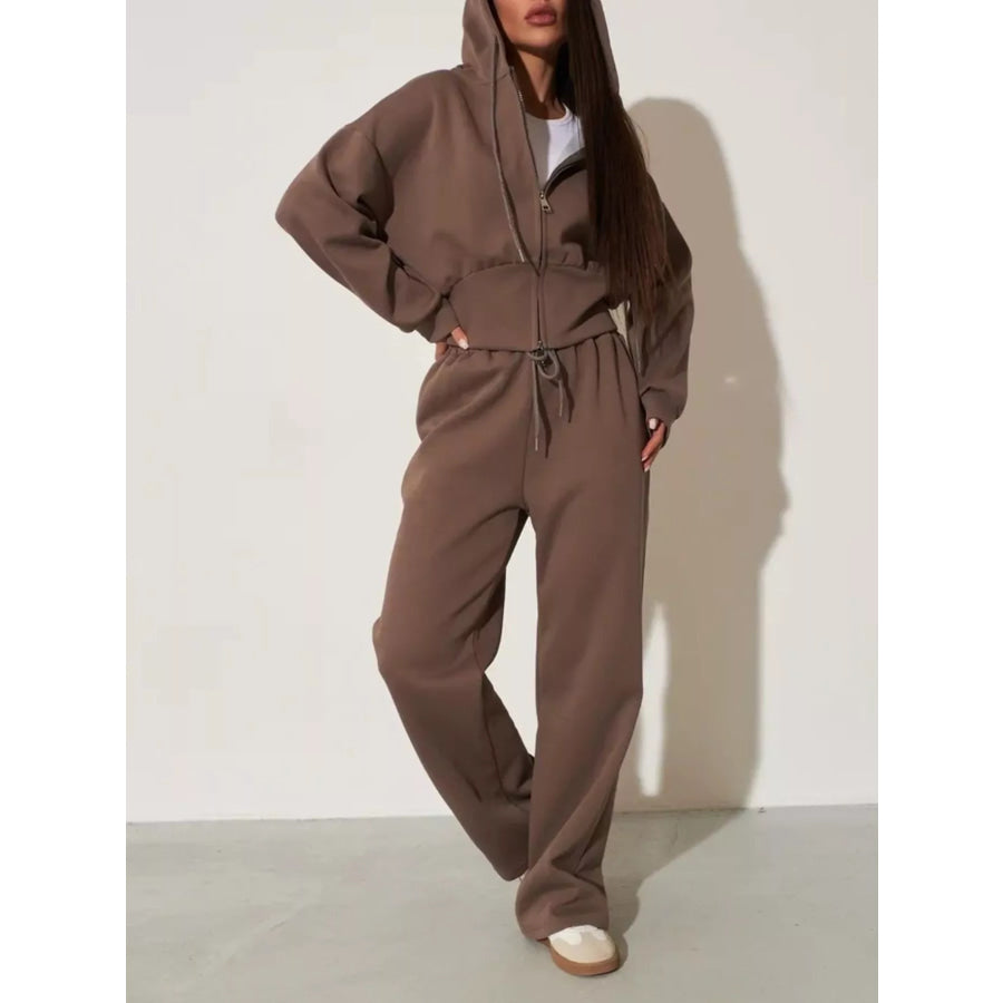 Zip-Up Hoodie and Wide-Leg Pants Set Brown / S Apparel and Accessories