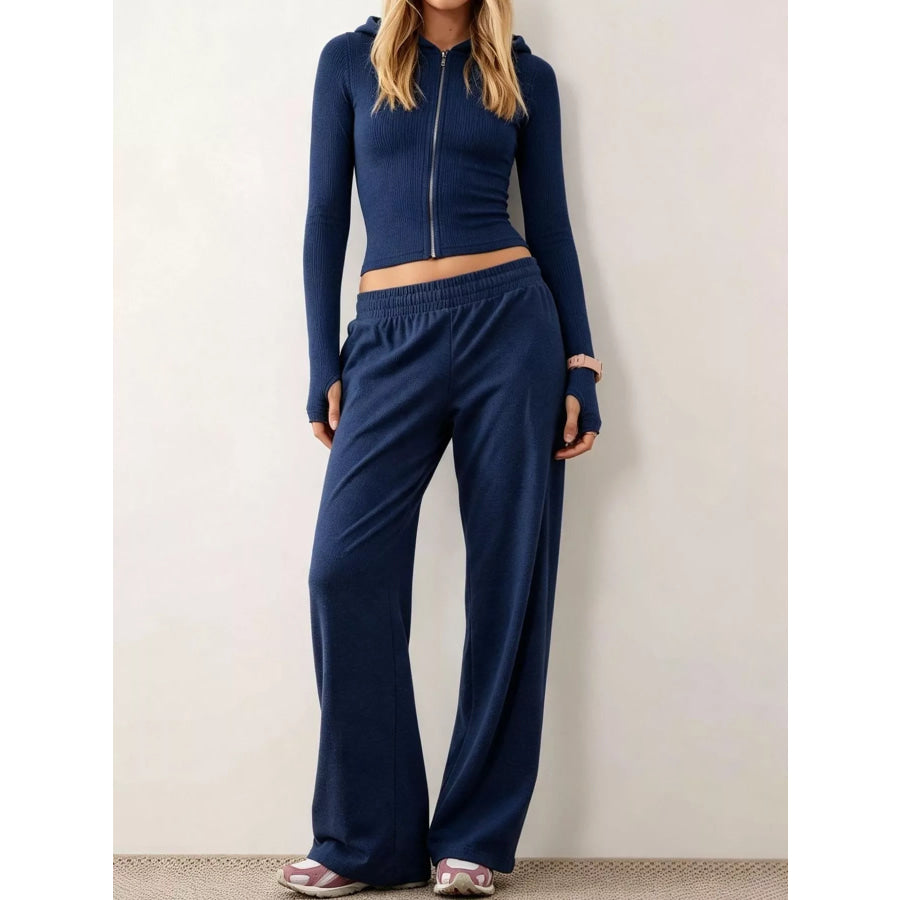 Zip-Up Hoodie and Wide-Leg Pants Set Navy Blue / S Apparel Accessories