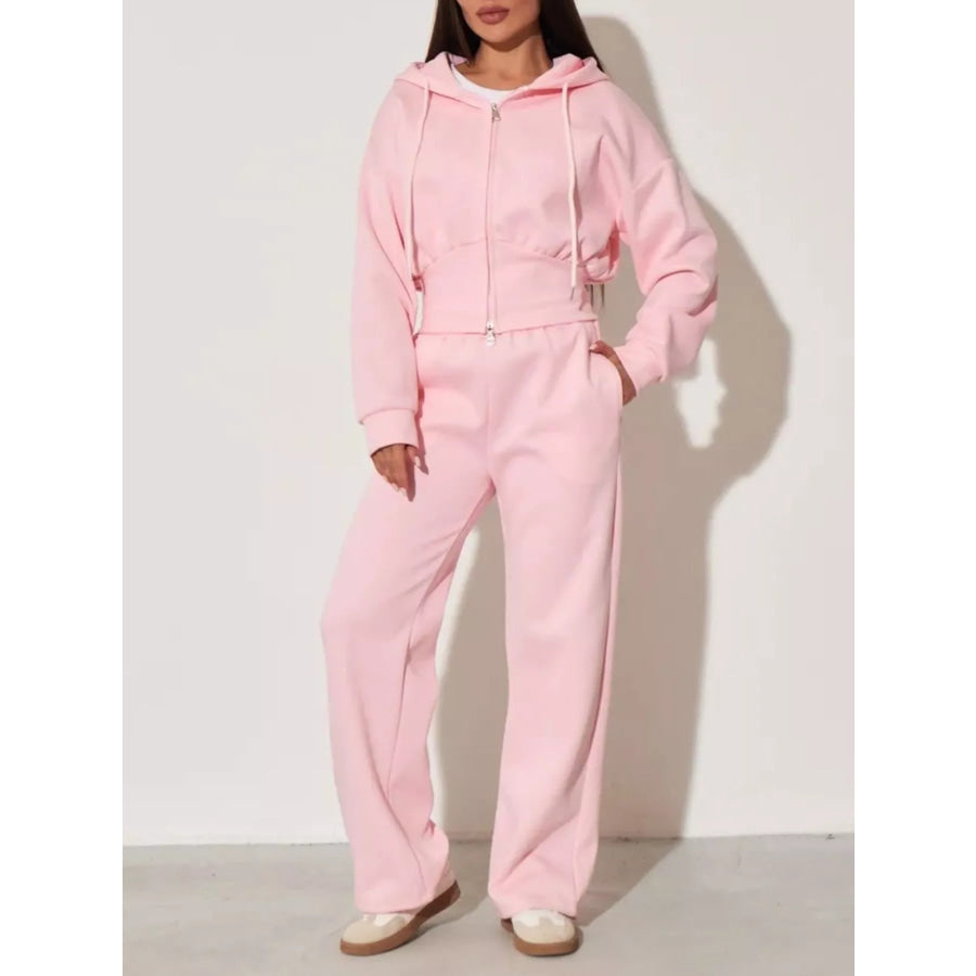 Zip-Up Hoodie and Wide-Leg Pants Set Pink / S Apparel and Accessories