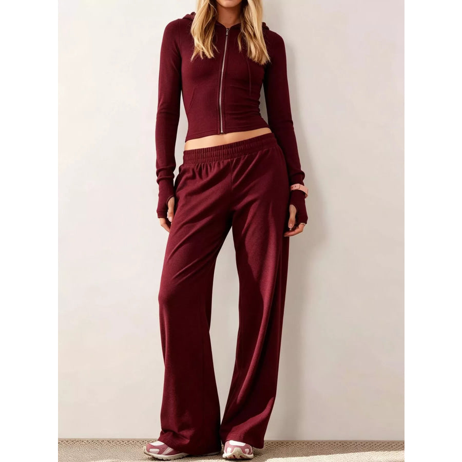 Zip-Up Hoodie and Wide-Leg Pants Set Wine Red / S Apparel Accessories