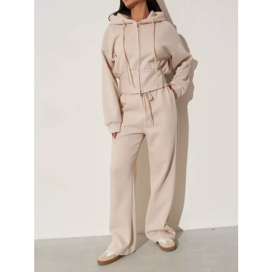 Zip-Up Hoodie and Wide-Leg Sweatpants Set Apricot / S Apparel Accessories