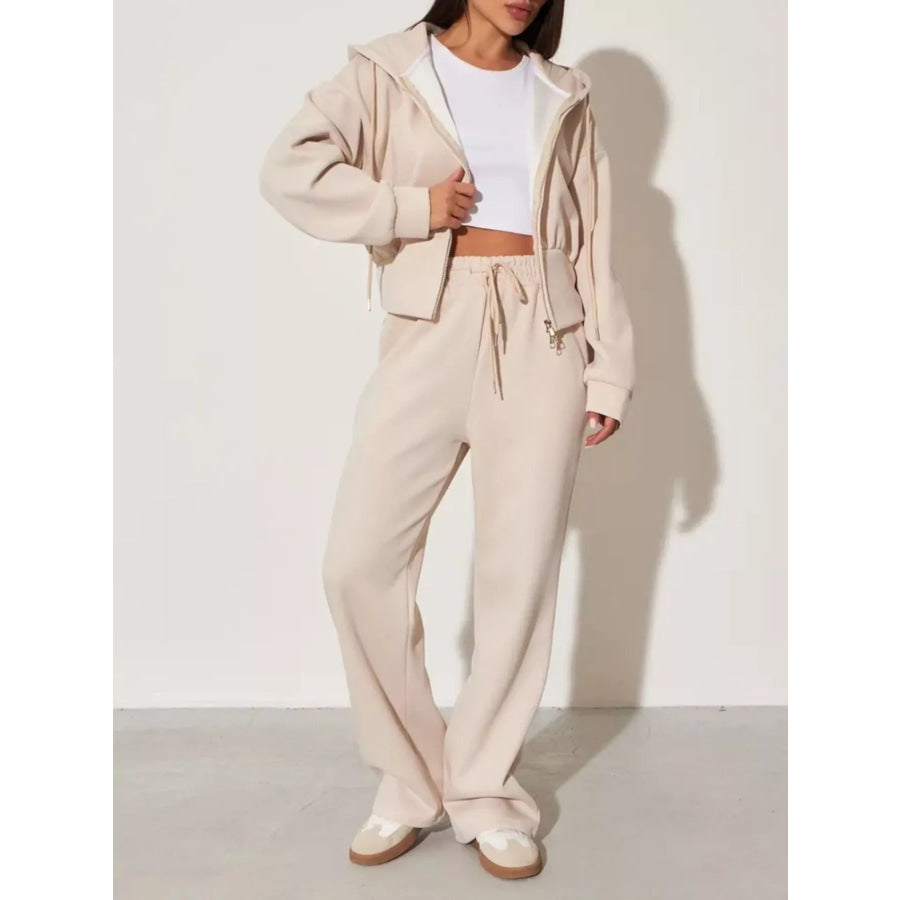 Zip-Up Hoodie and Wide-Leg Sweatpants Set Apricot / S Apparel Accessories