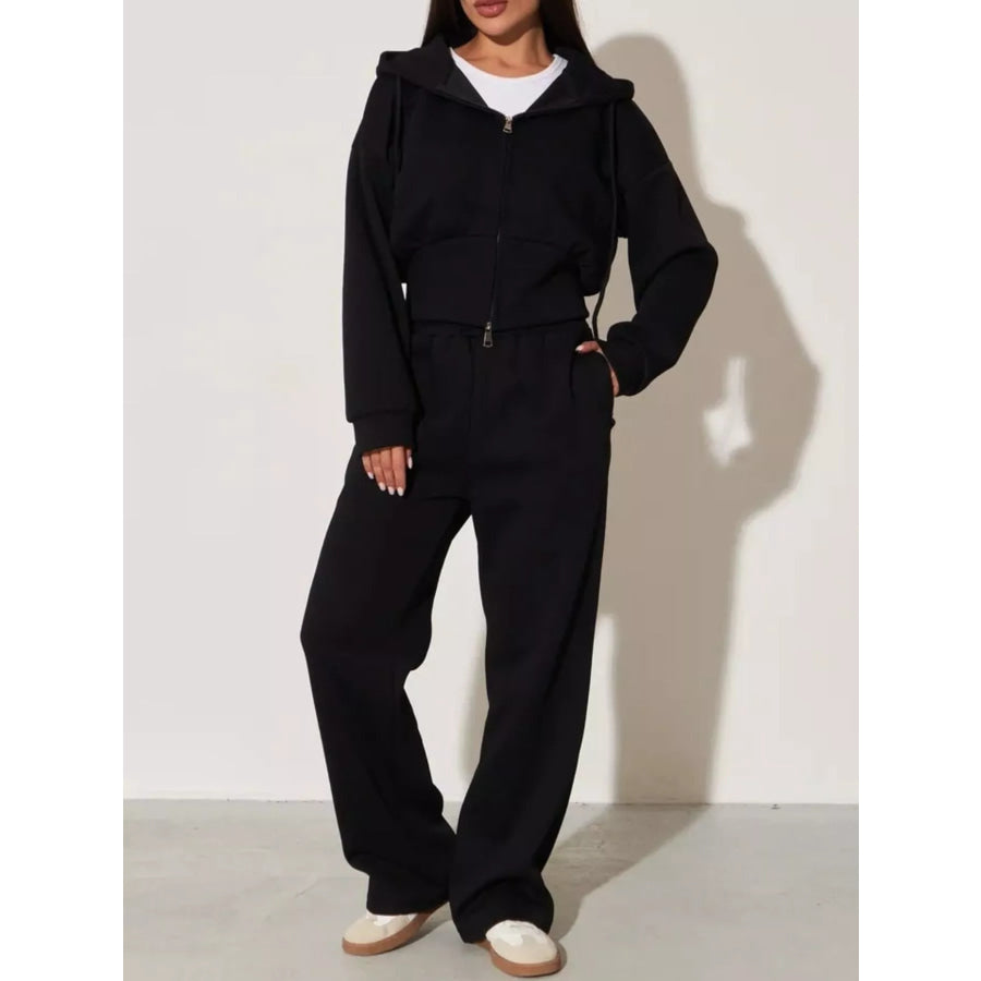 Zip-Up Hoodie and Wide-Leg Sweatpants Set Black / S Apparel Accessories