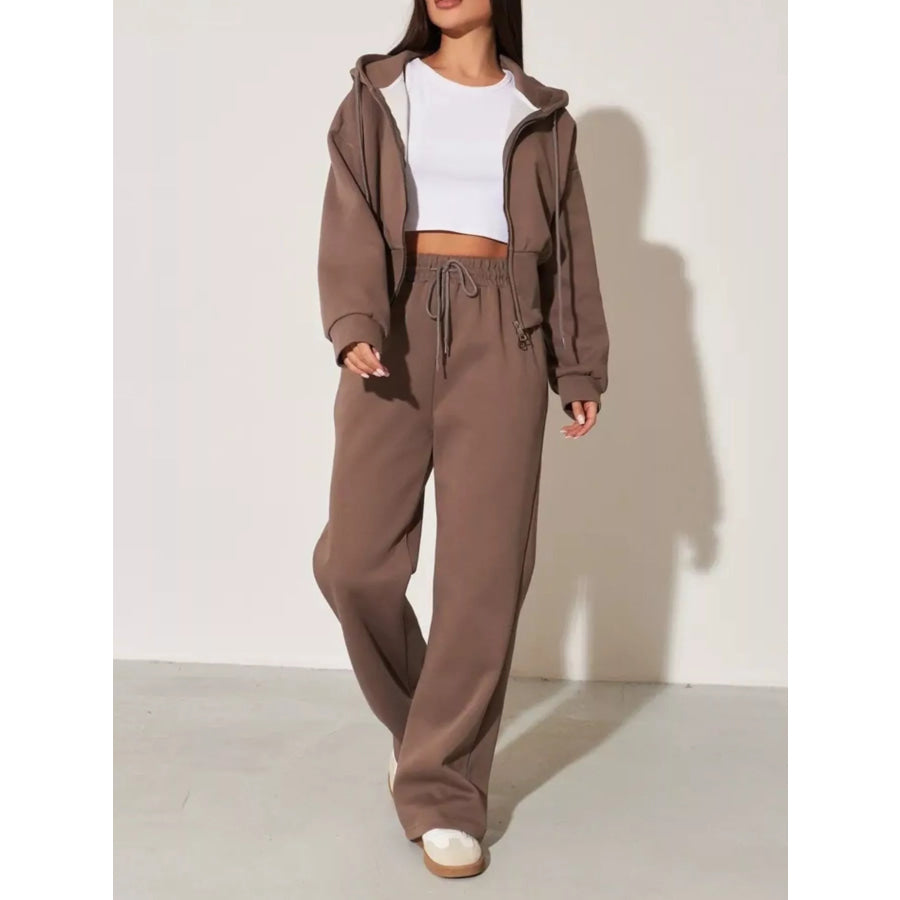 Zip-Up Hoodie and Wide-Leg Sweatpants Set Brown / S Apparel Accessories
