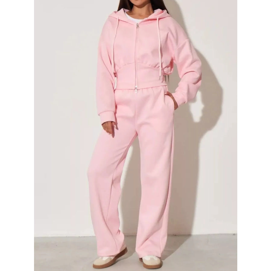 Zip-Up Hoodie and Wide-Leg Sweatpants Set Pink / S Apparel Accessories