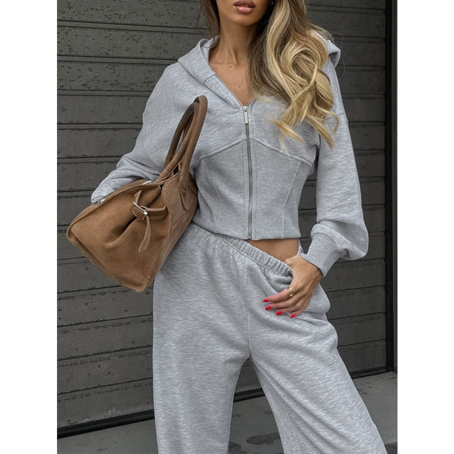 Zip Up Hoodie & Wide Leg Pants Set Gray / S Apparel and Accessories