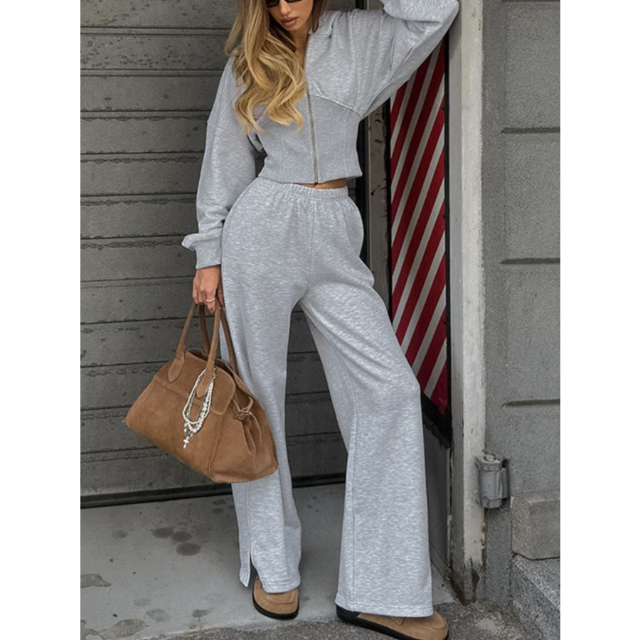 Zip Up Hoodie & Wide Leg Pants Set Gray / S Apparel and Accessories